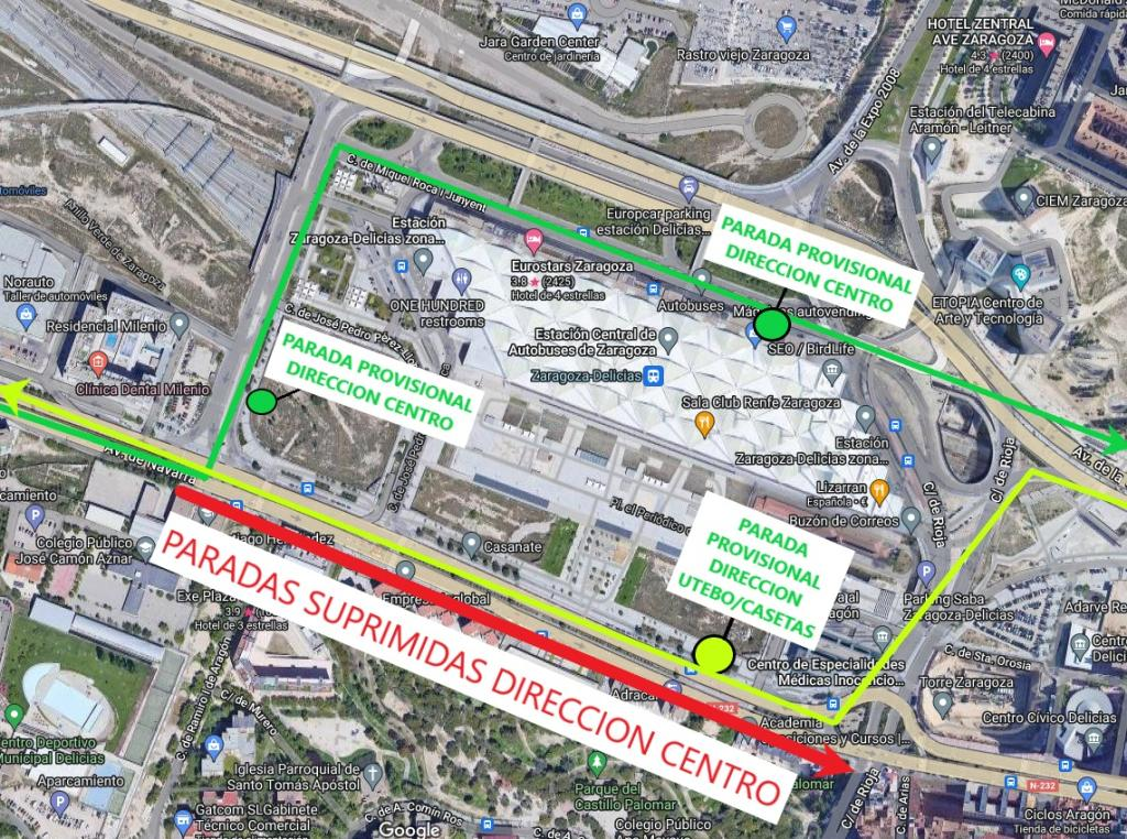 PARADAS DE BUS SURPIMIDAS EN ZARAGOZA PARA EL BUS DE MONZALBARBA: Obras de reformas en AV.NAVARRA