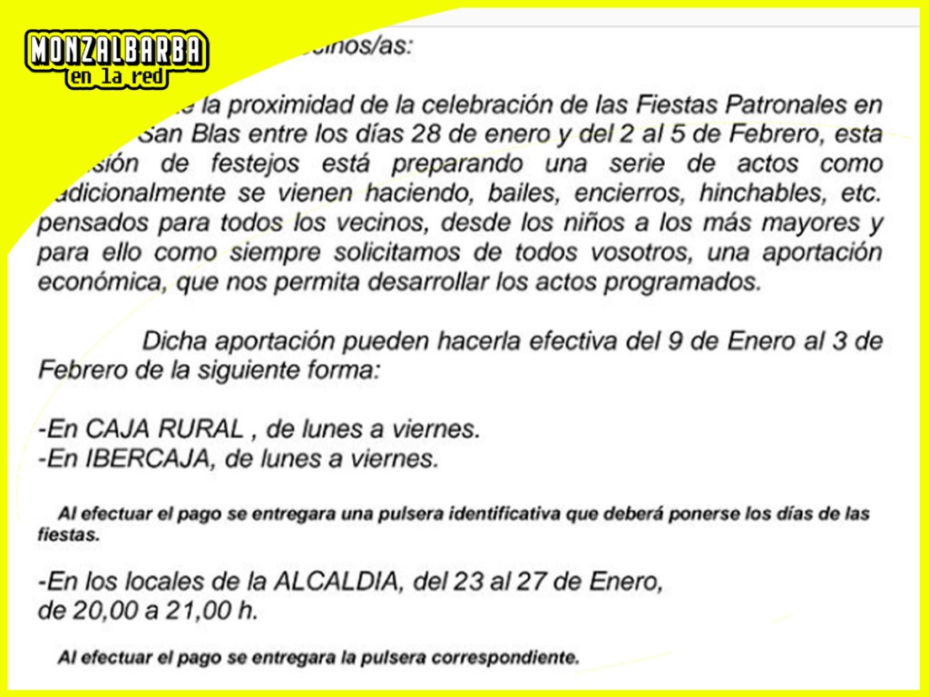 Programa y precios de las FIESTAS FEBRERO 2023&nbsp;MONZALBARBA