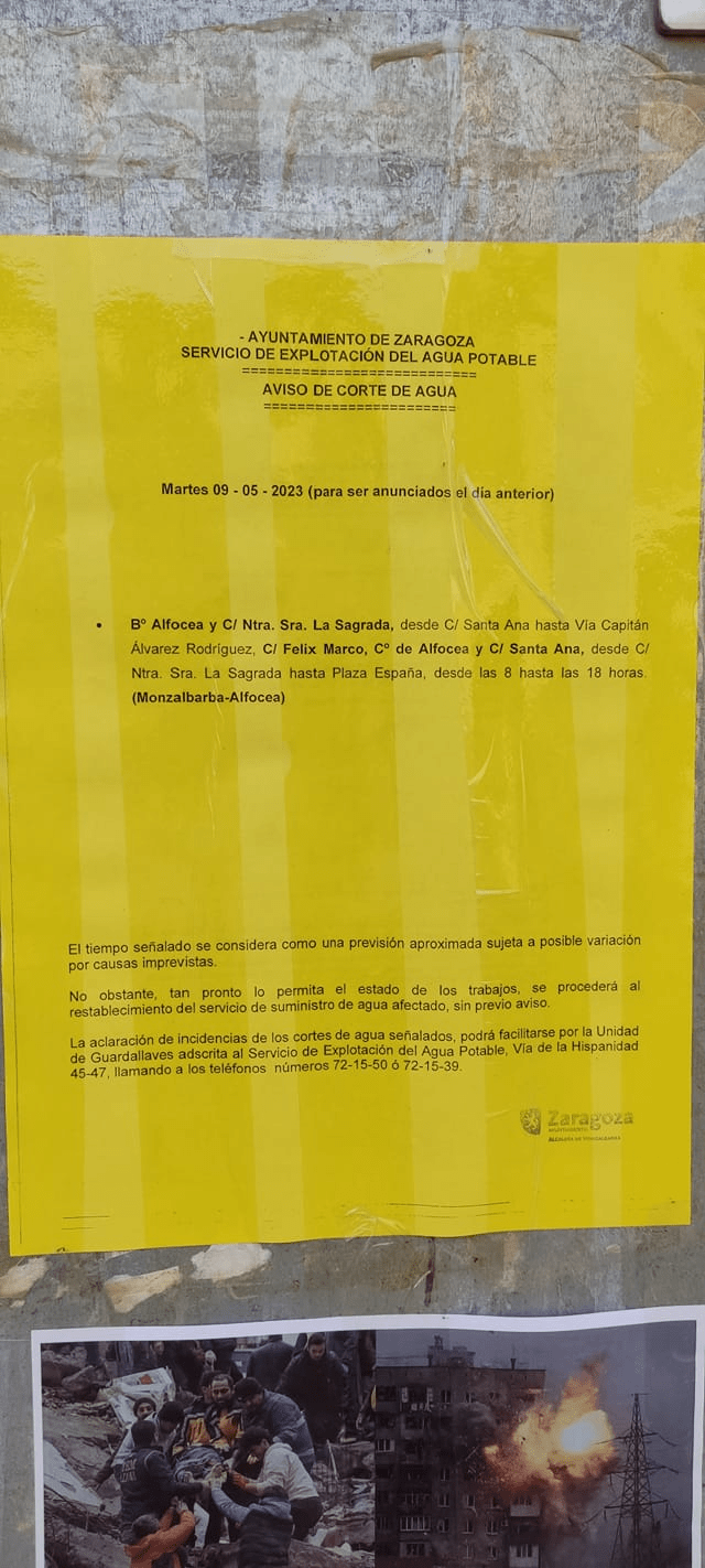 Ayuntamiento de Zaragoza anuncia corte de agua en varias zonas el martes 9 de&nbsp;mayo