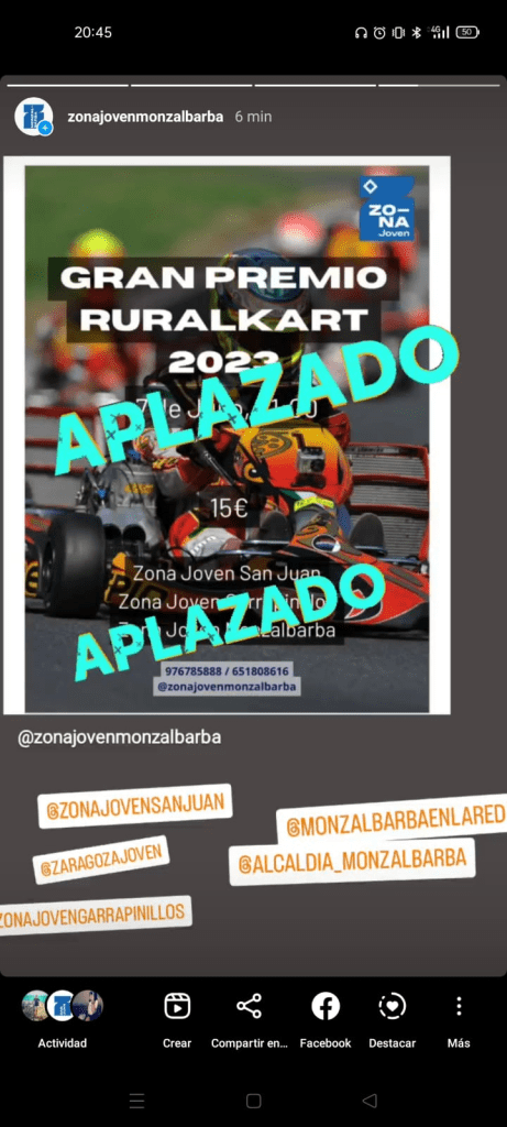 IMPORTANTE. Aplazado el Gran Premio Ruralkart 2023 organizado por la Zona Joven Monzalbarba: ¡Mañana no habrá salida a los&nbsp;karts!