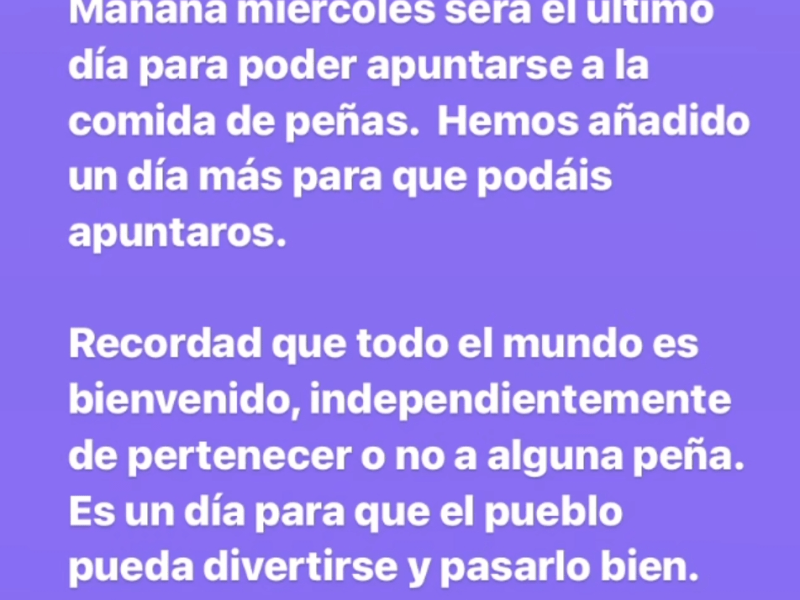 Último día para apuntarse a la COMIDA DE&nbsp;PEÑAS
