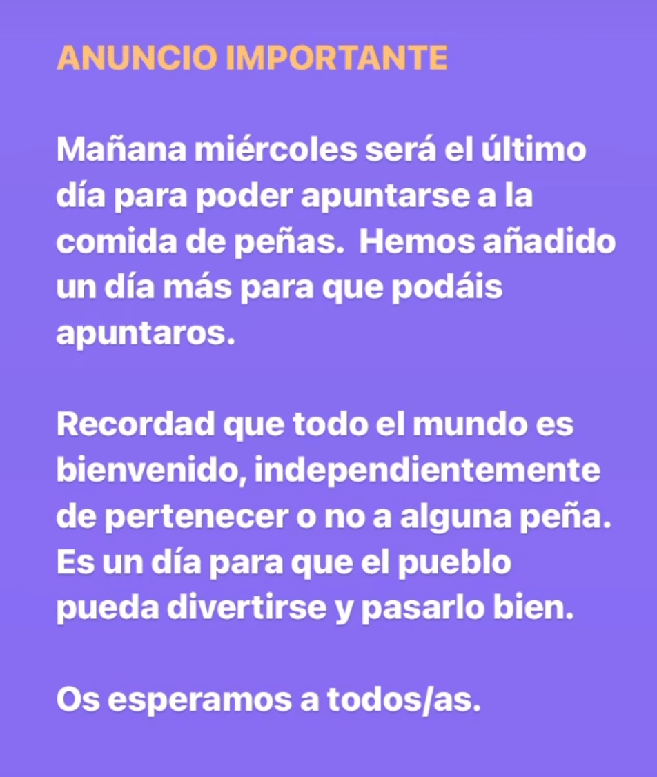 Último día para apuntarse a la COMIDA DE&nbsp;PEÑAS
