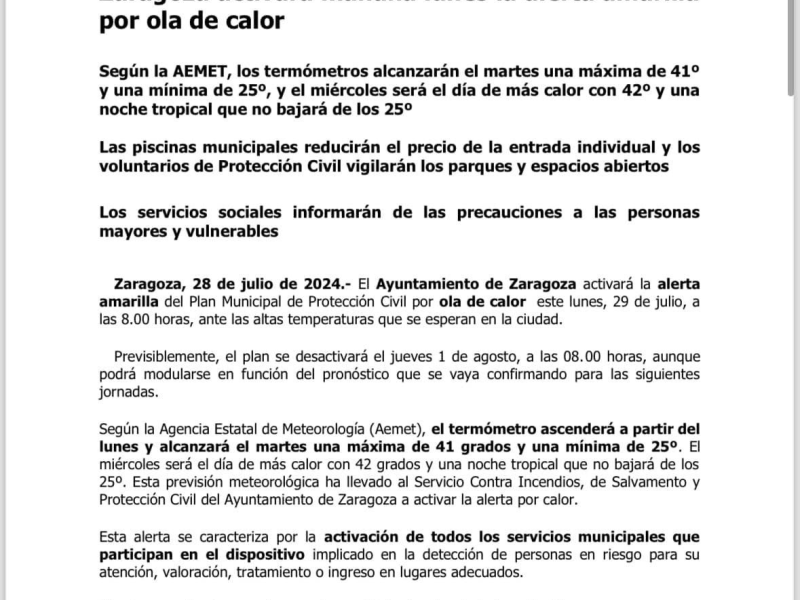 ¡Ola de calor! Información del Ayto de&nbsp;Zaragoza