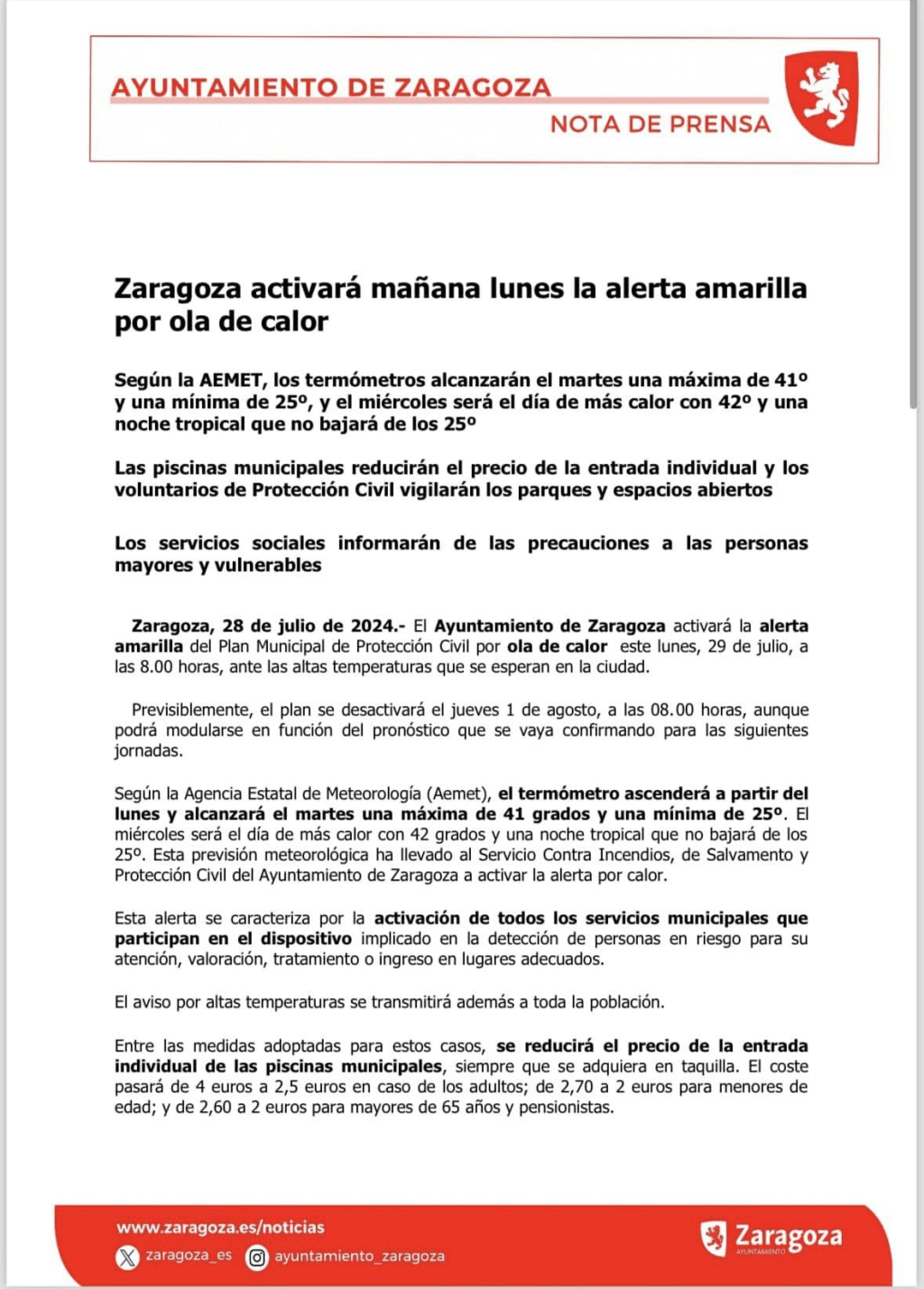 ¡Ola de calor! Información del Ayto de&nbsp;Zaragoza