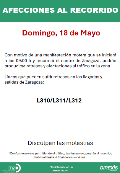 [LINEAS CTAZ] AFECCIONES DOMINGO 18 DE MAYO POR MANIFESTACIÓN MOTORISTA EN&nbsp;ZARAGOZA