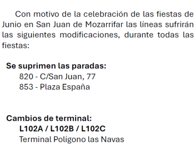 [L102, L103, N12] AFECCIONES DESDE EL 20 HASTA EL 29 DE JUNIO – FIESTAS EN SAN JUAN DE&nbsp;MOZARRIFAR