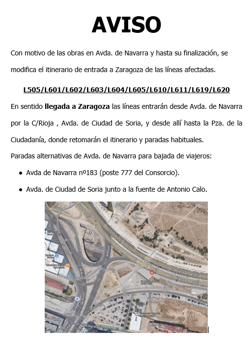 [L601/L602/L603/L604/L605/L610/L619/L620] Obras de reforma Av. Navarra en Zaragoza.- Nueva Parada provisional en Avenida Ciudad de&nbsp;Soria