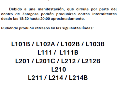 [LINEAS CTAZ] AFECCIONES SÁBADO 28 DE JUNIO POR MANIFESTACIÓN EN BICI EN&nbsp;ZARAGOZA