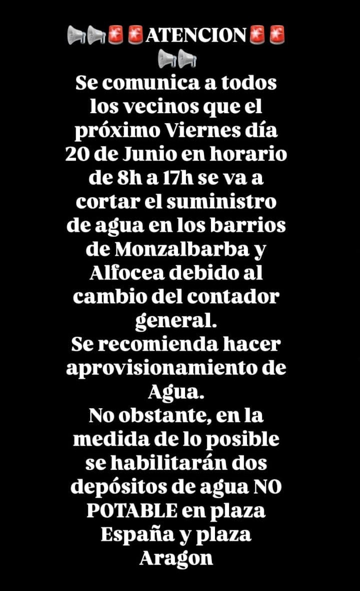 20 JUNIO CORTE DE AGUA EN MONZALBARBA Y&nbsp;ALFOCEA